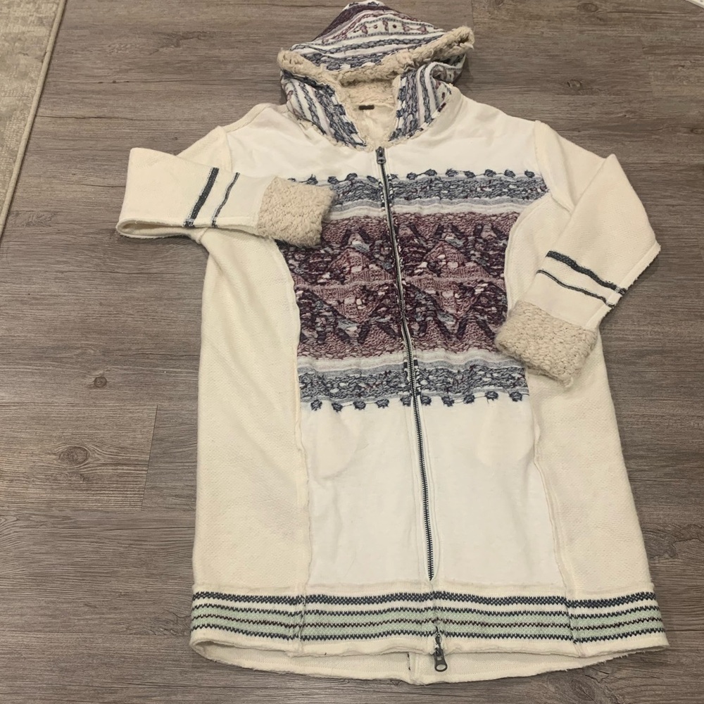 Free People Alpine Escape Ivory Comb Long Hooded Zip up Sweater Size L - Picture 3 of 11